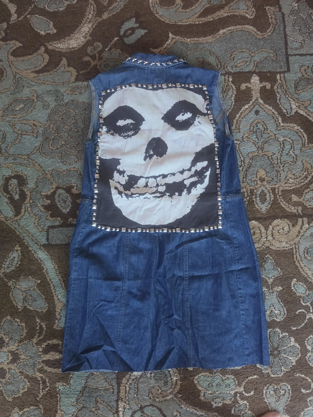 VTG Studded DIY Misfits Denim Duster Vest SMALL: CRUST PUNK MOTO THRASHED Y2K